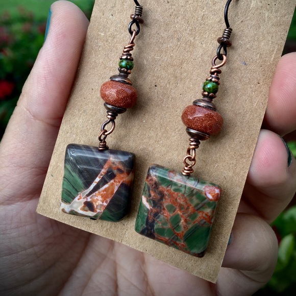 Sedona Jasper sunstone wire wrapped earrings - Picture 5 of 7